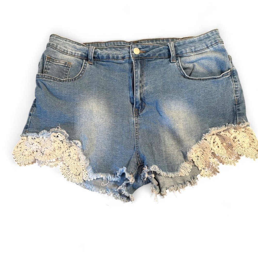 SHEIN Light Blue Denim Shorts with White Lace Trim